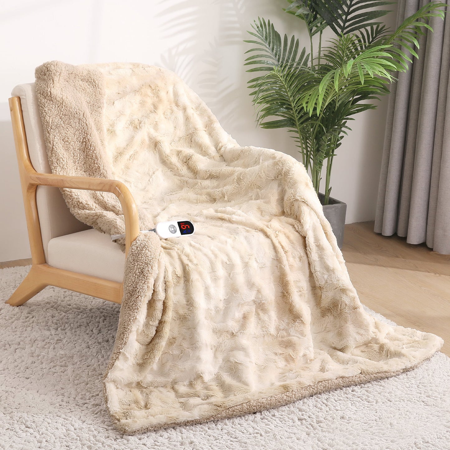 Electric Throw Blanket 50" X 60", Machine Washable, Soft Faux Fur Heated Blanket with Large LED Display, 6 Heating Levels