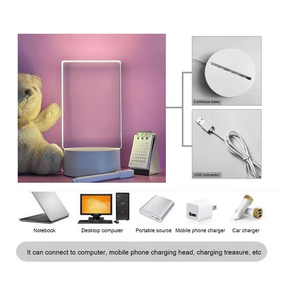 Transparent Luminous LED Night Lights USB Luminous Acrylic Night Light Erasable Message Board