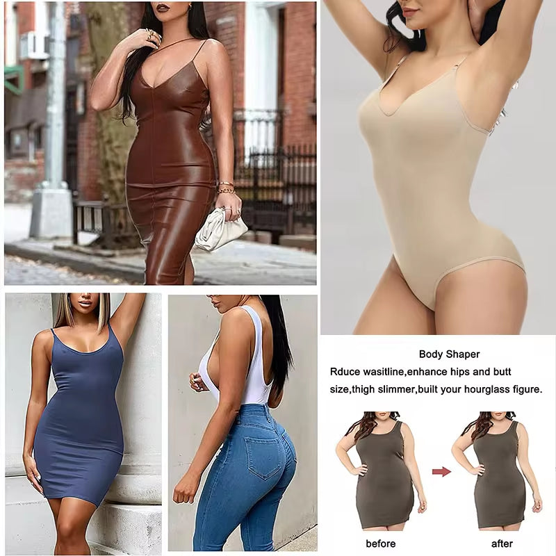 V Neck Spaghetti Strap Bodysuit Compression Body Suits Open Crotch Shapewear Slimming Body Shaper Smooth Out Bodysuit